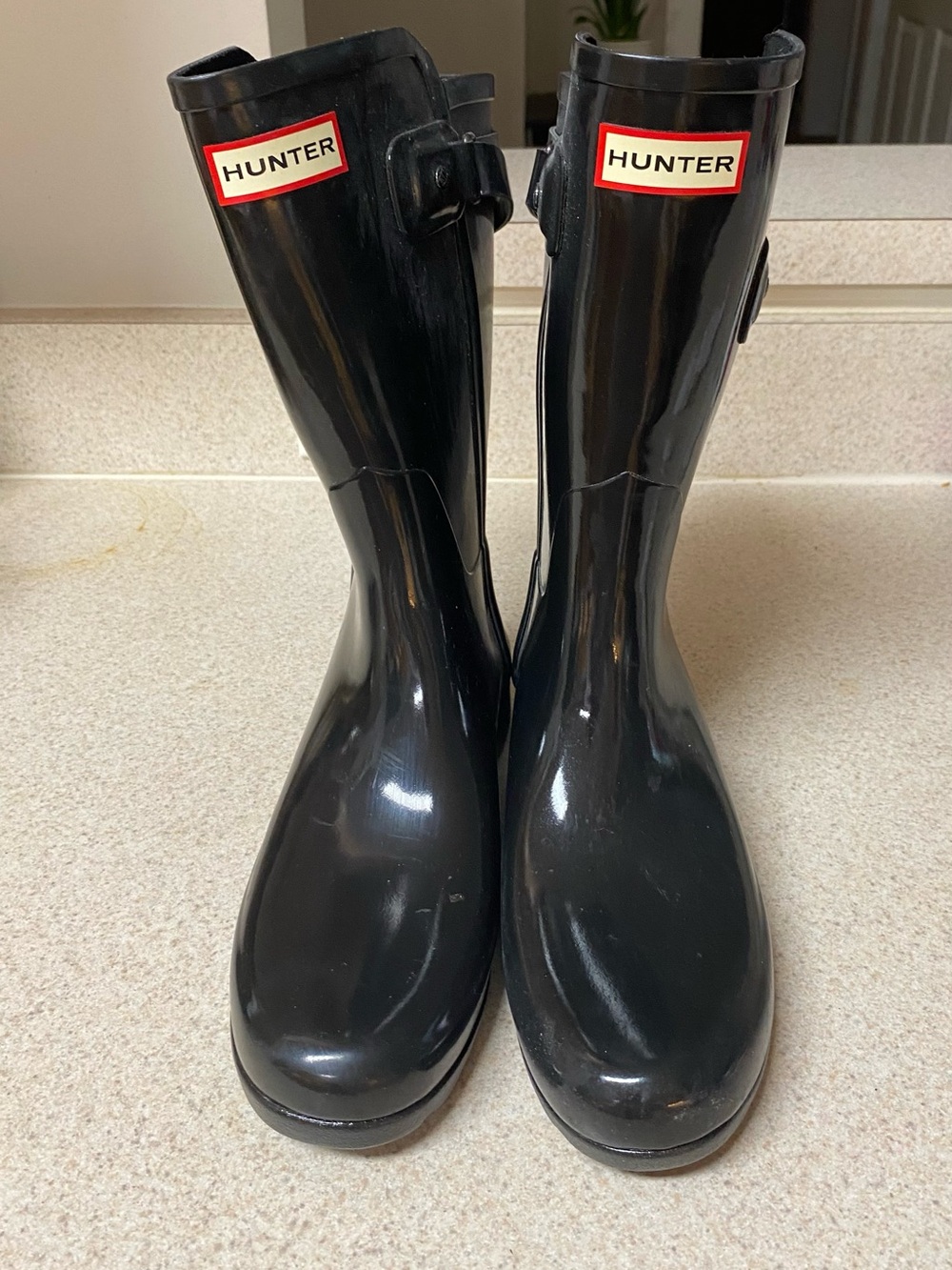 Hunter Black Gloss Refined Back Strap Boots with Red Logo